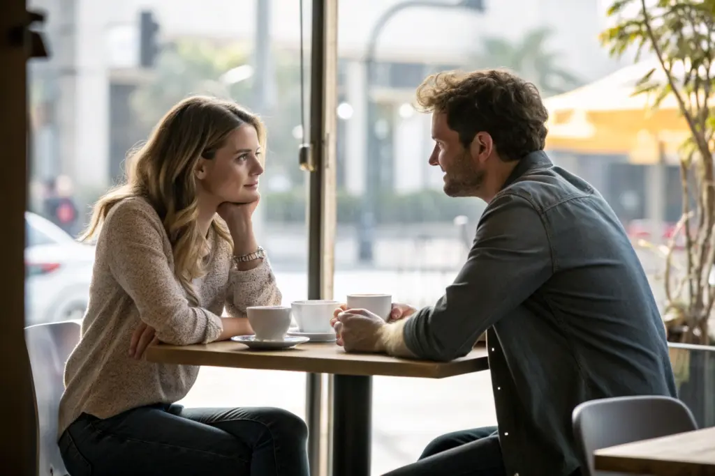 Stel in een café met subtiele afstand als symbool voor aantrekkingskracht