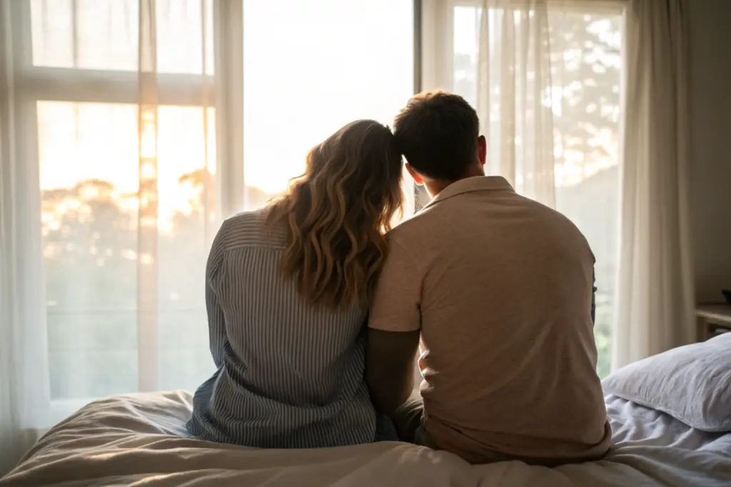 Koppel zit dicht bij elkaar maar kijkt verschillende kanten op in zacht ochtendlicht