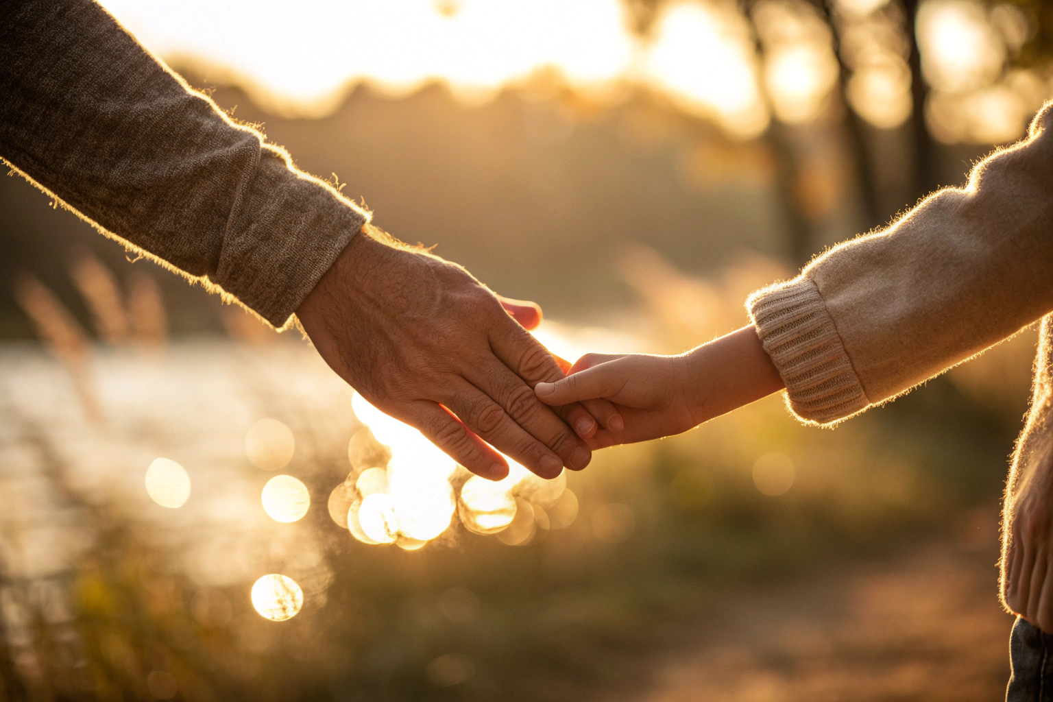 Twee handen raken elkaar bijna aan in warm gouden licht