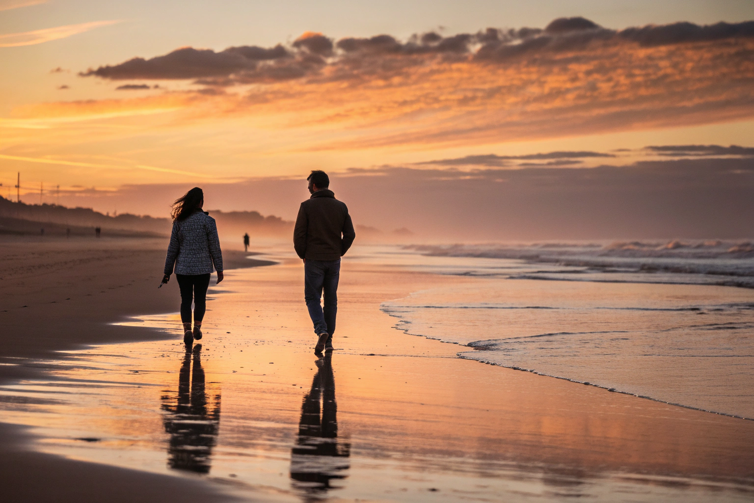 Stel loopt apart op een rustig strand bij zonsondergang