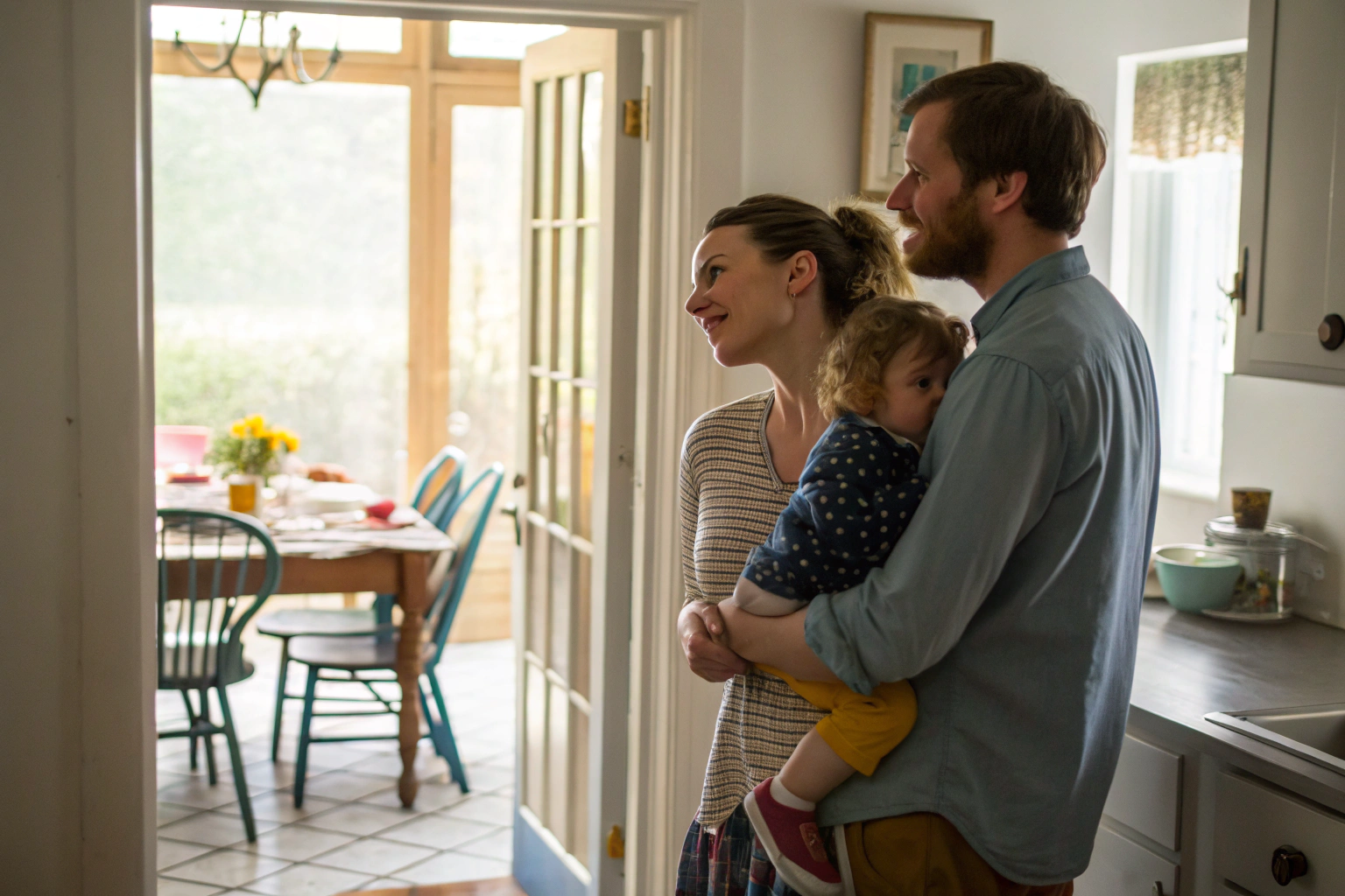 Partner kijkt toe terwijl de ander een kind vasthoudt in de keuken