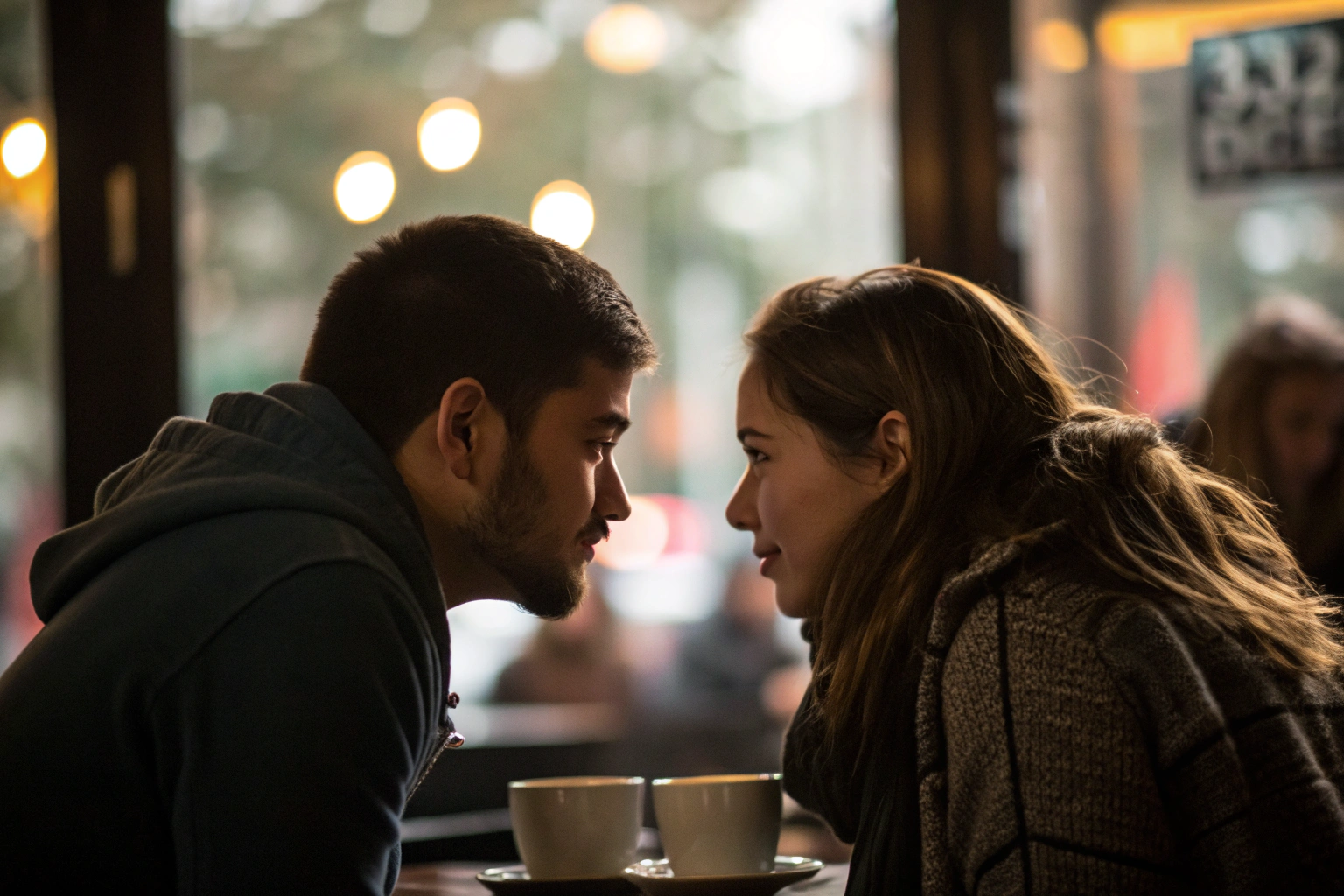 Koppel kijkt elkaar diep in de ogen in een sfeervol café