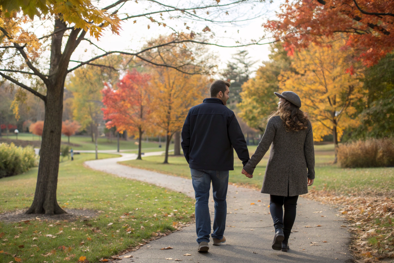 Stel loopt hand in hand door een herfstpark
