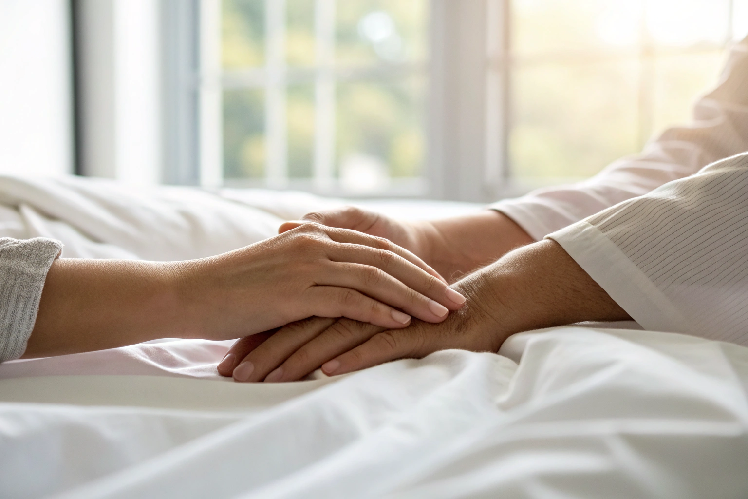 Verstrengelde handen op wit laken als symbool van acceptatie