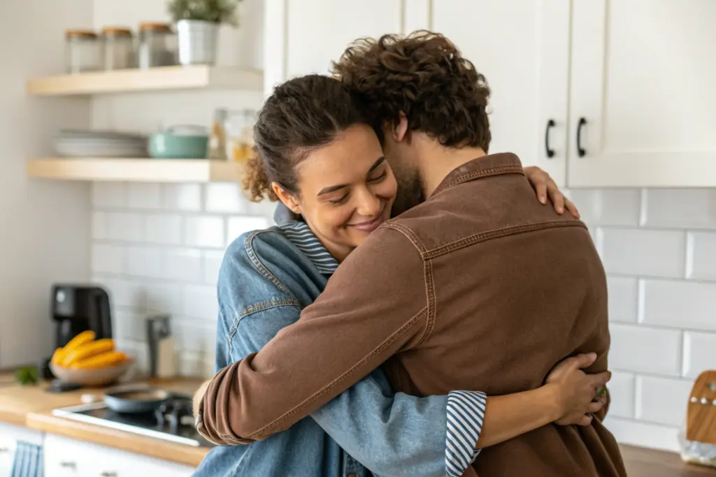 Koppel dat speels en verlangend contact maakt in het dagelijks leven