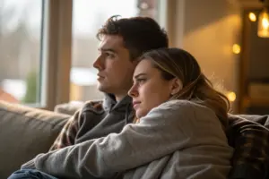 Stel op de bank waarbij een partner twijfelend wegkijkt terwijl de ander dichterbij probeert te komen