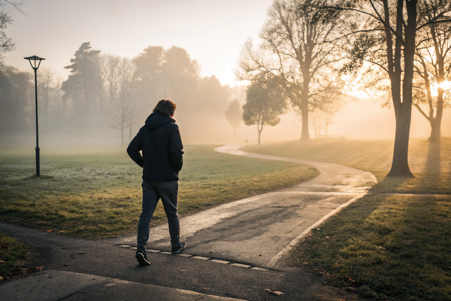 Persoon die twijfelend op een kruispunt staat als metafoor voor twijfel in je relatie