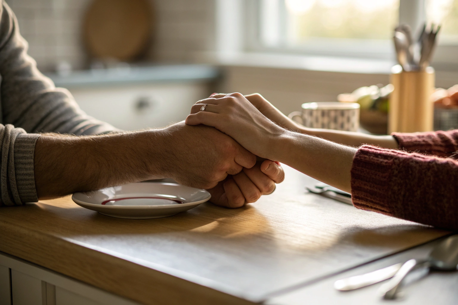 Twee handen die elkaar bijna raken aan een keukentafel als symbool voor chronische onzekerheid in relaties