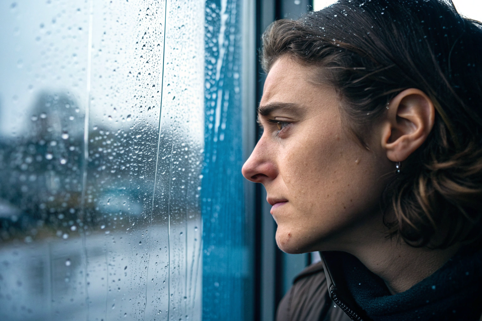 Persoon die naar eigen reflectie kijkt in een regenachtig raam als beeld van zelftwijfel