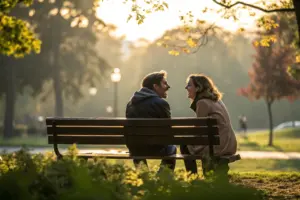 Stel op bankje in park, empathisch luisteren in relatie