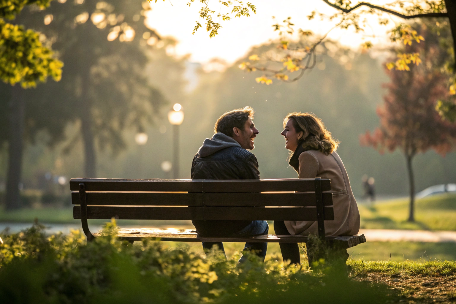 Stel op bankje in park, empathisch luisteren in relatie