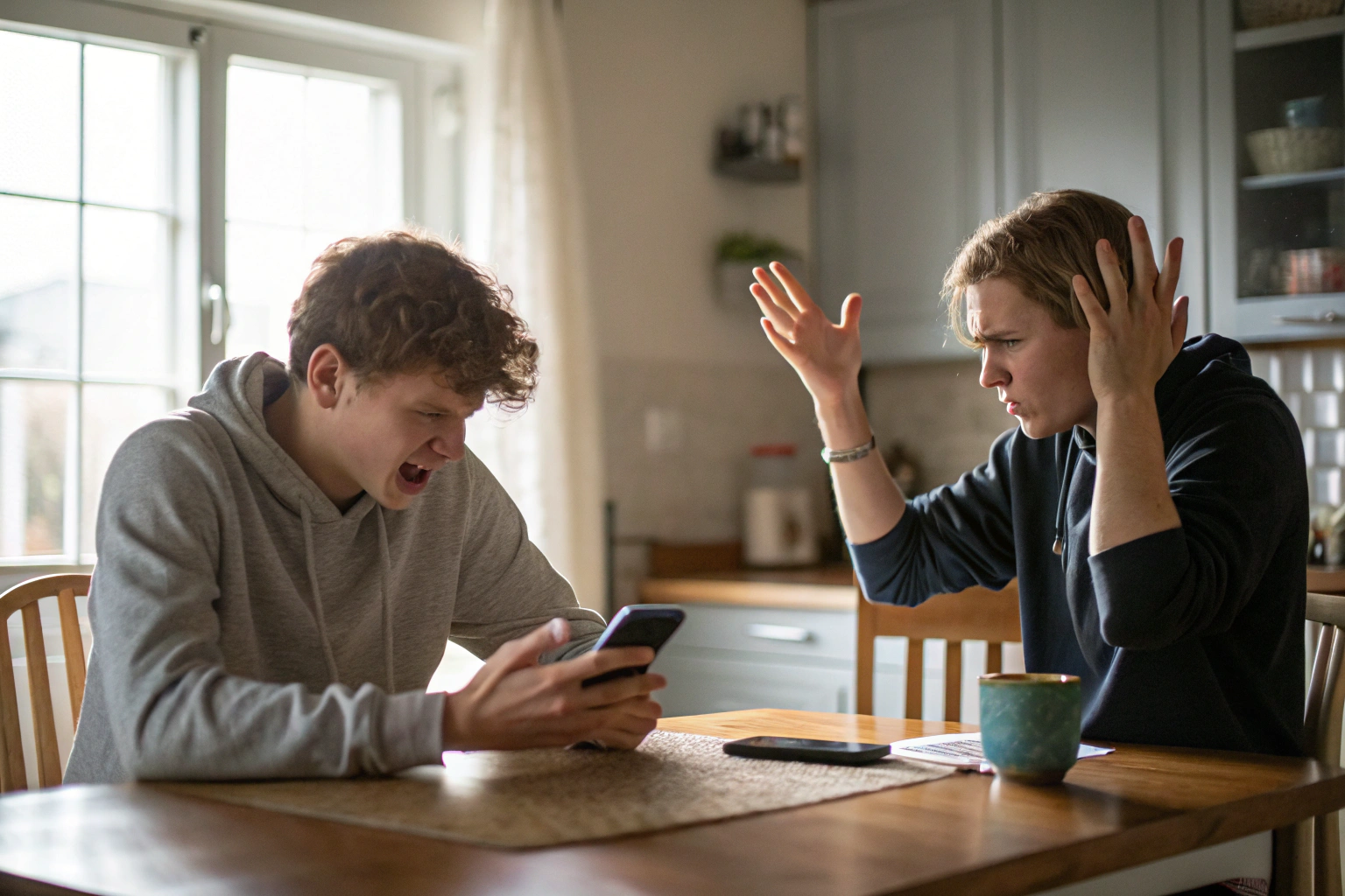 Partners aan keukentafel, afgeleid in gesprek