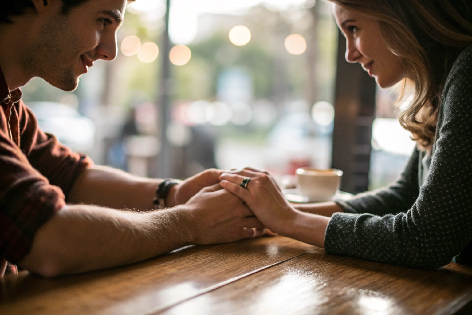 Handen vasthouden in cafe, empathisch luisteren naar partner