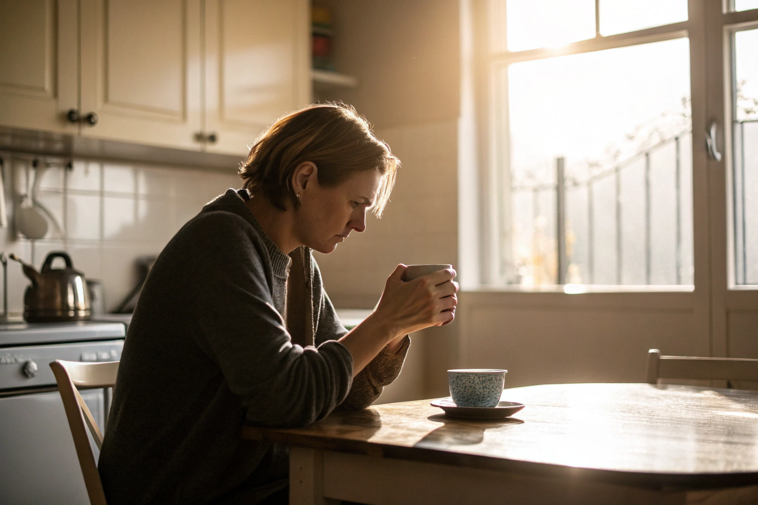 Persoon zit aan keukentafel en denkt na over de bewustzijnskloof in de relatie