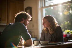 Metacognitieve intelligentie in relaties: stel pauzeert tijdens gesprek aan keukentafel