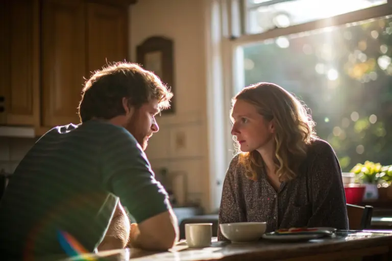 Metacognitieve intelligentie in relaties: stel pauzeert tijdens gesprek aan keukentafel