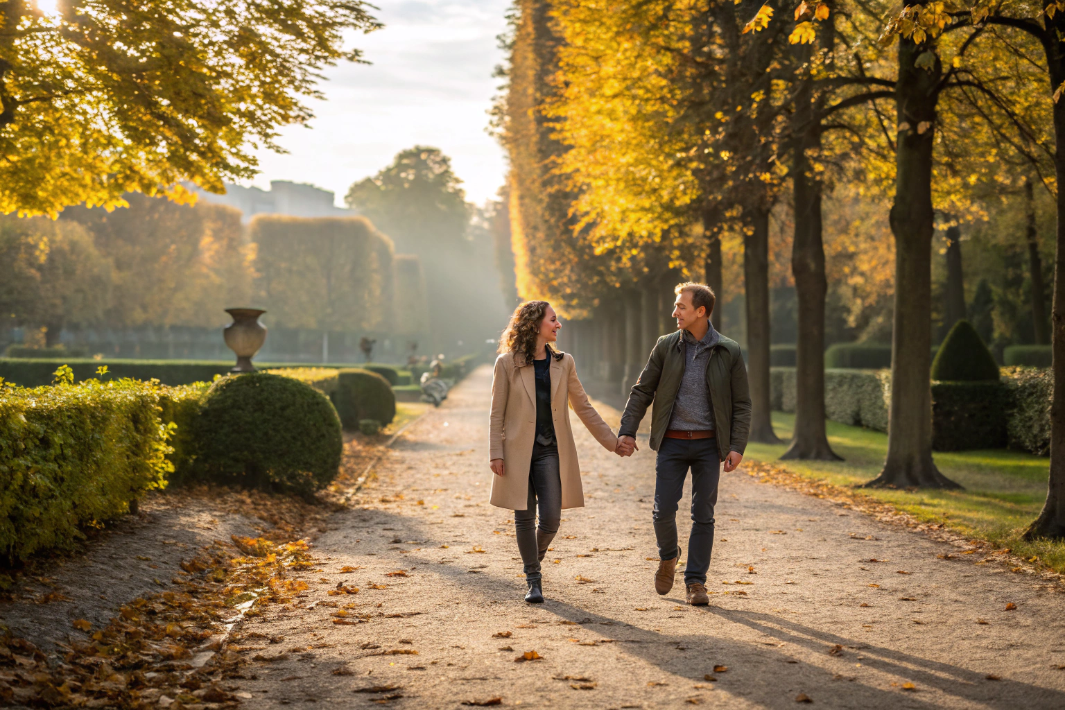 Stel wandelt hand in hand door een herfstpark in verbondenheid