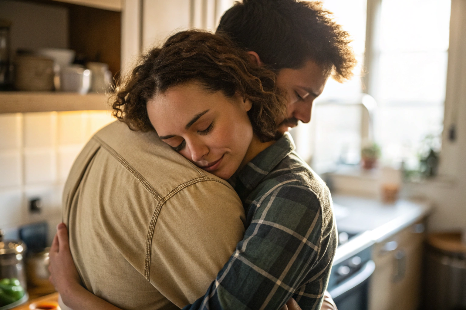 Stel omarmt elkaar: jezelf kalmeren in verbinding met je partner