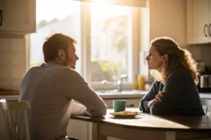 Emotionele onvolwassenheid in relatie: partner kijkt weg terwijl de ander probeert te verbinden