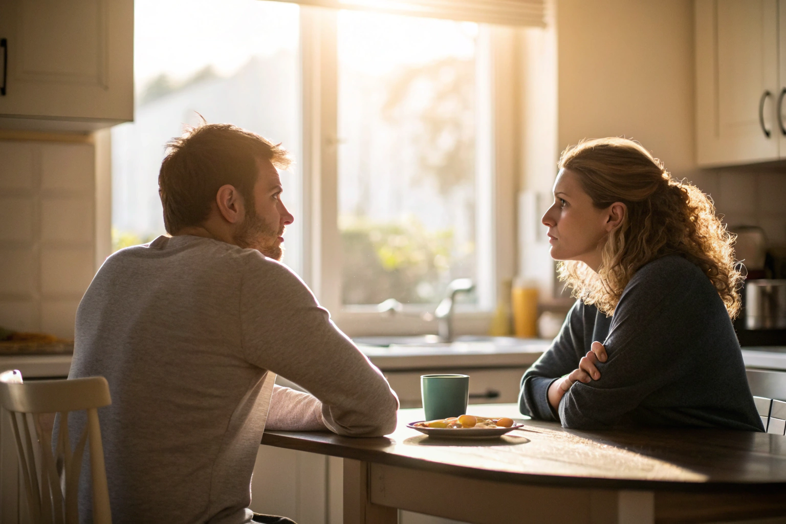 Emotionele onvolwassenheid in relatie: partner kijkt weg terwijl de ander probeert te verbinden
