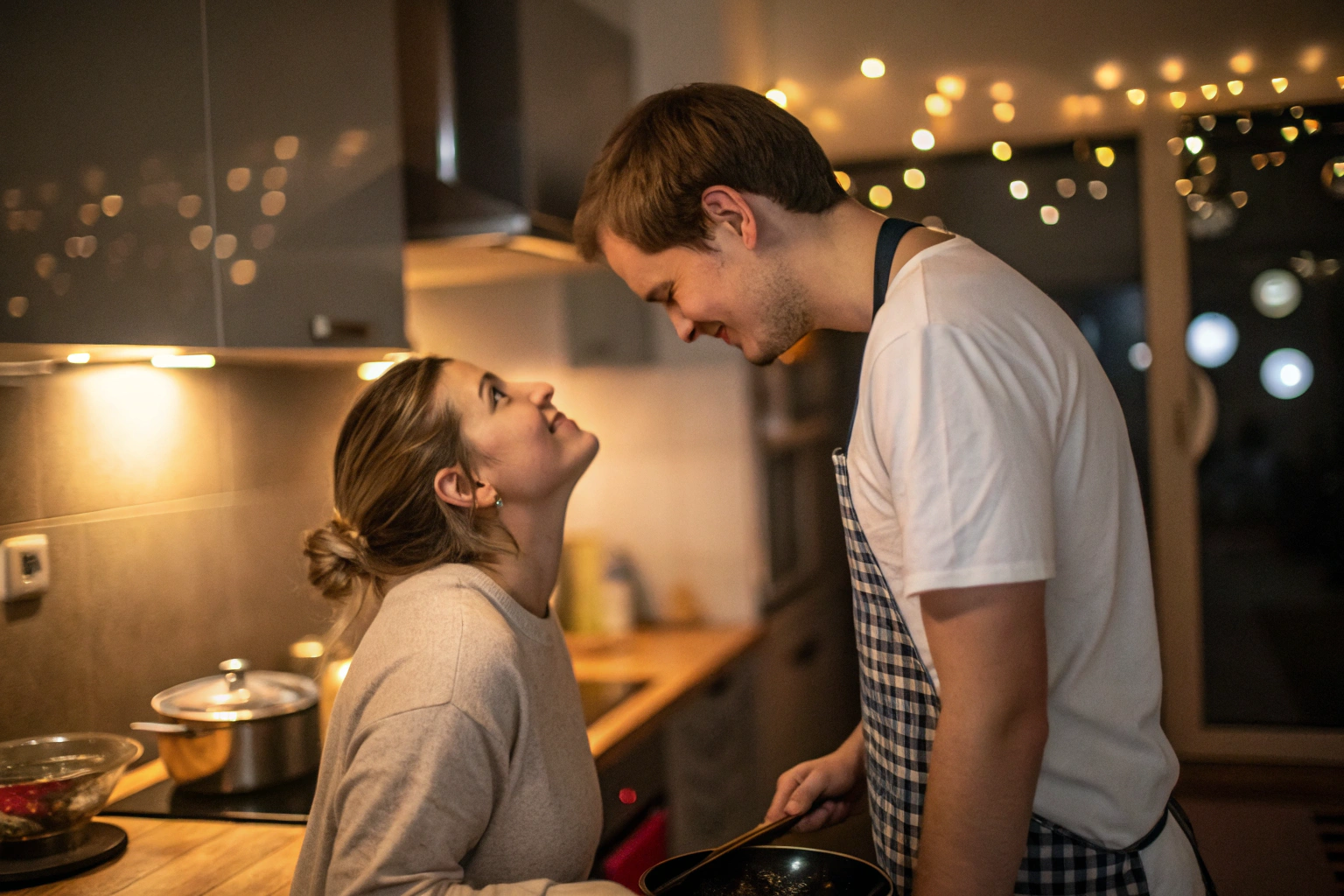 Partner die opkijkt en oogcontact maakt bij thuiskomst