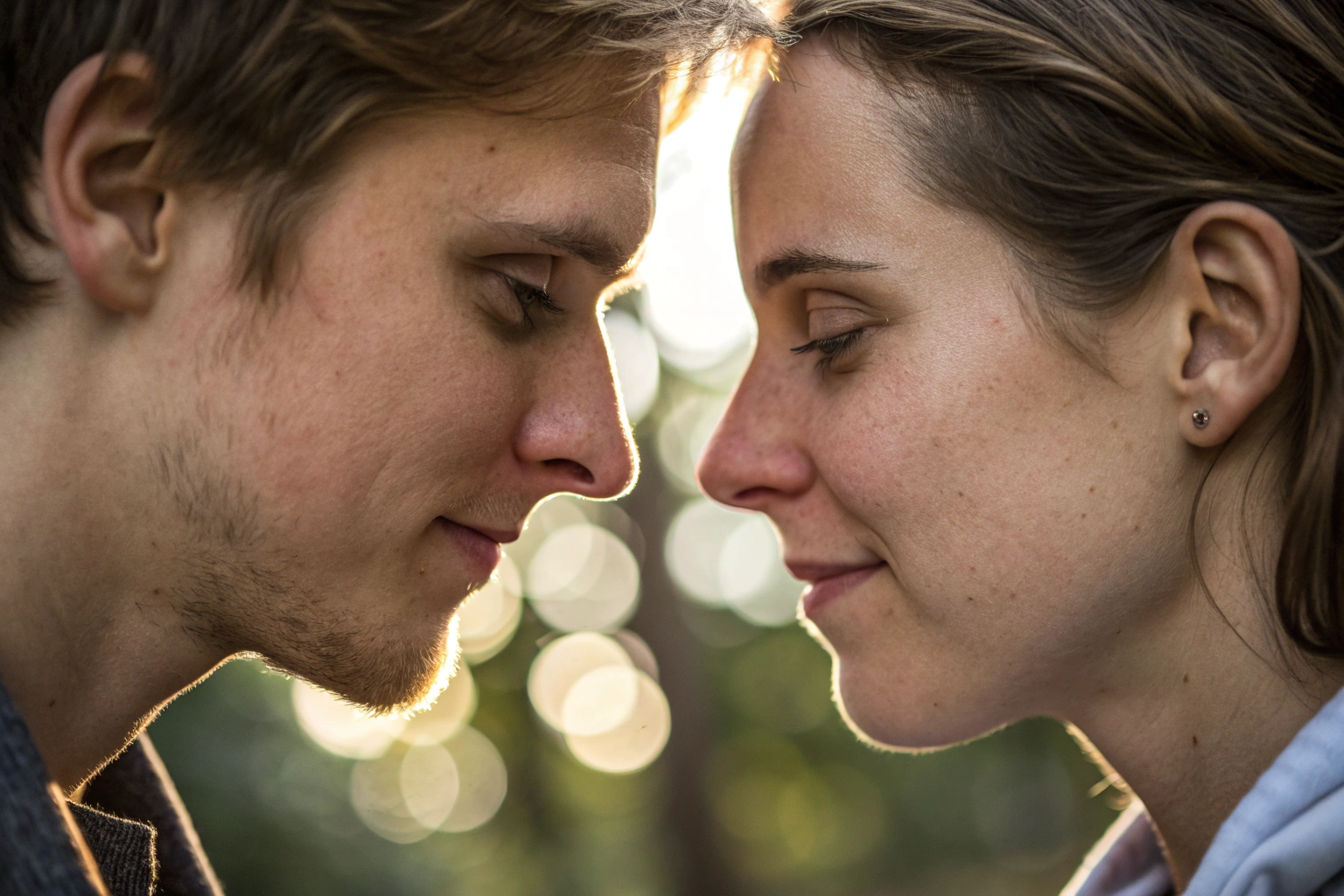 Close-up van oogcontact tussen partners als moment van kwetsbare verbinding