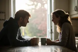 Stel aan keukentafel met emotionele afstand tijdens moeilijk seizoen in relatie