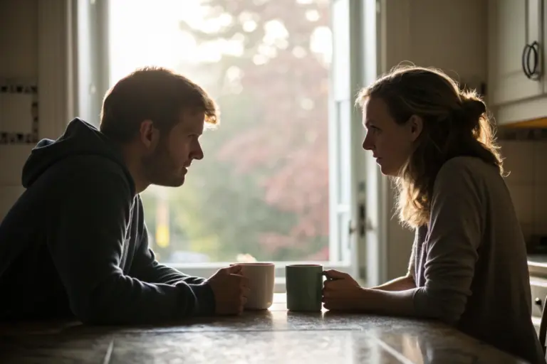 Stel aan keukentafel met emotionele afstand tijdens moeilijk seizoen in relatie