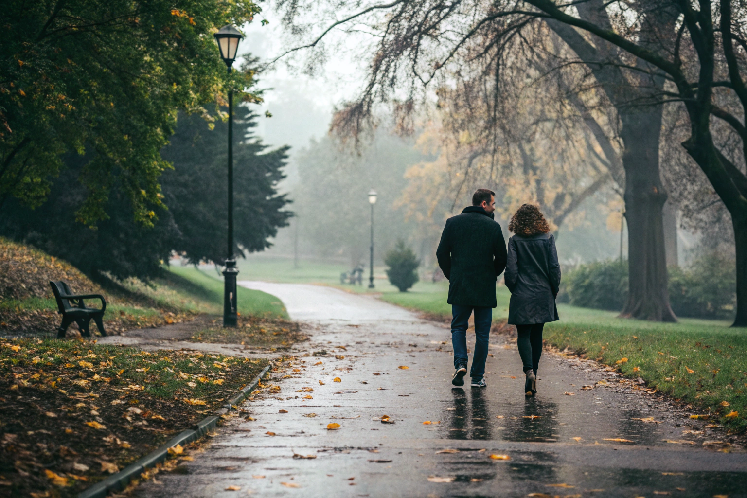 Stel loopt naast elkaar in park zonder verbinding tijdens moeilijke seizoenen relatie