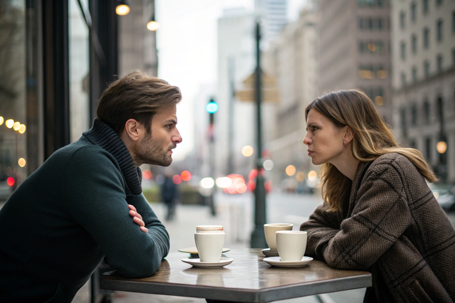 Stel in gespannen gesprek in cafe tijdens moeilijk seizoen relatie