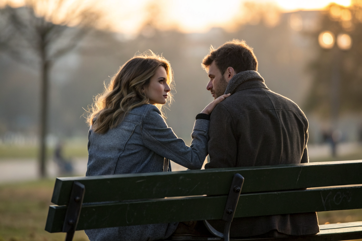 Stel op bankje in park, zij kijkt peinzend weg terwijl hij haar hand vasthoudt, relationele angst stabiliteit goed