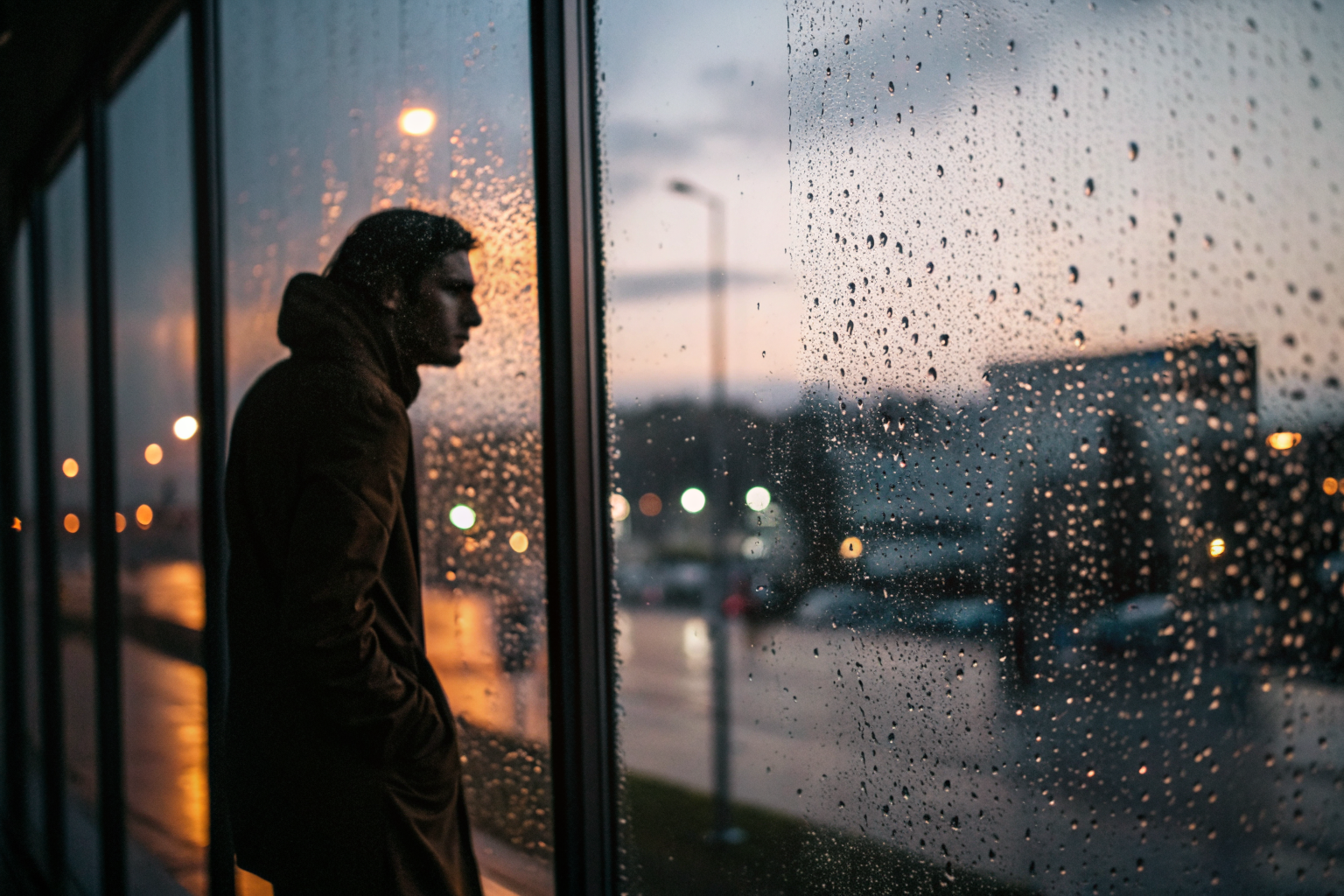 Persoon kijkt peinzend door raam bij schemering, reflectie zichtbaar in glas