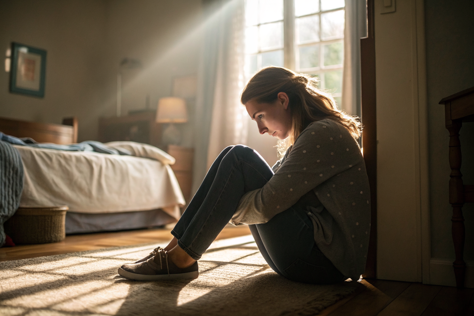 Vrouw zit op slaapkamervloer met opgetrokken knieen, zacht ochtendlicht