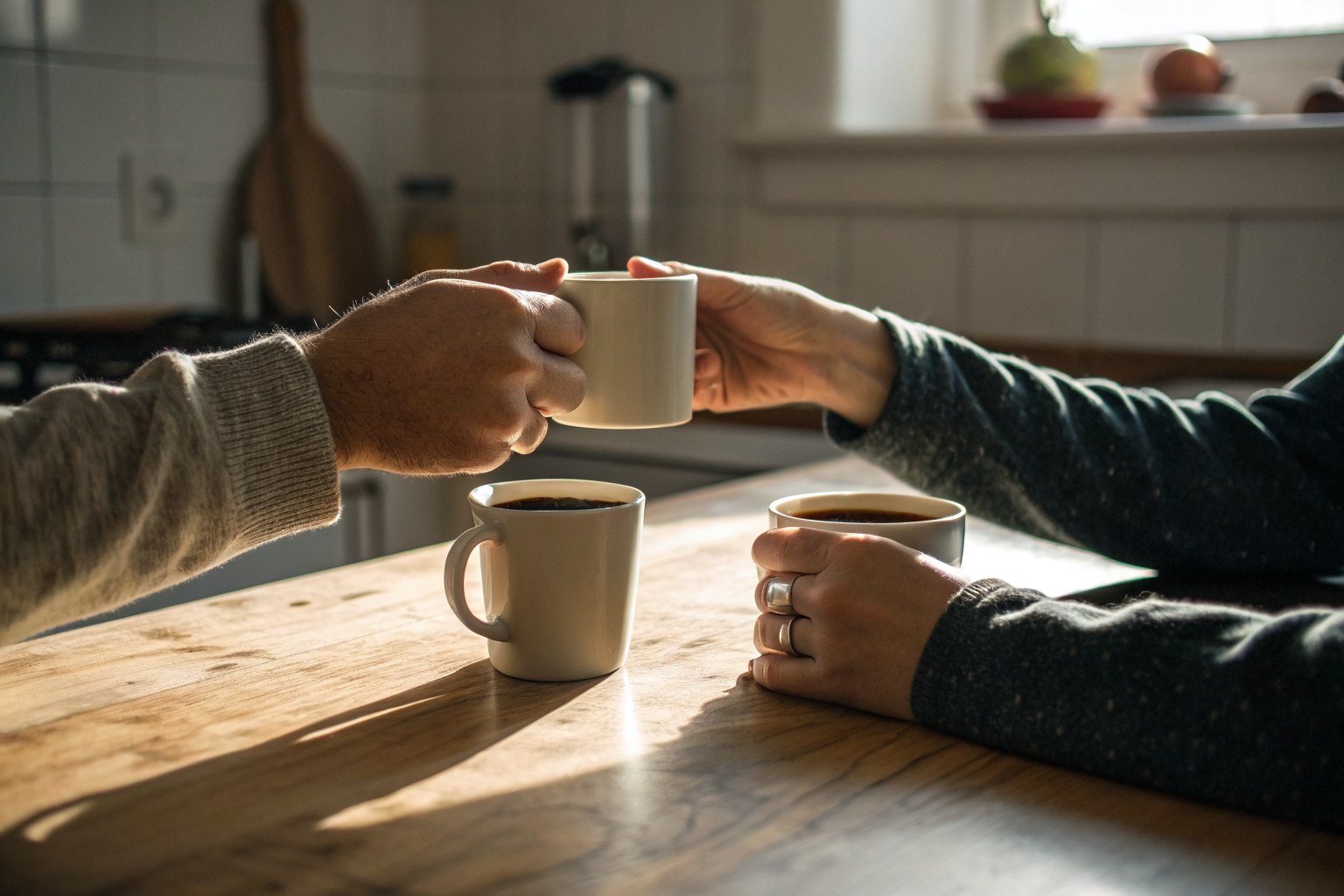 Twee handen reiken naar elkaar over keukentafel met koffie, intiem en teder moment