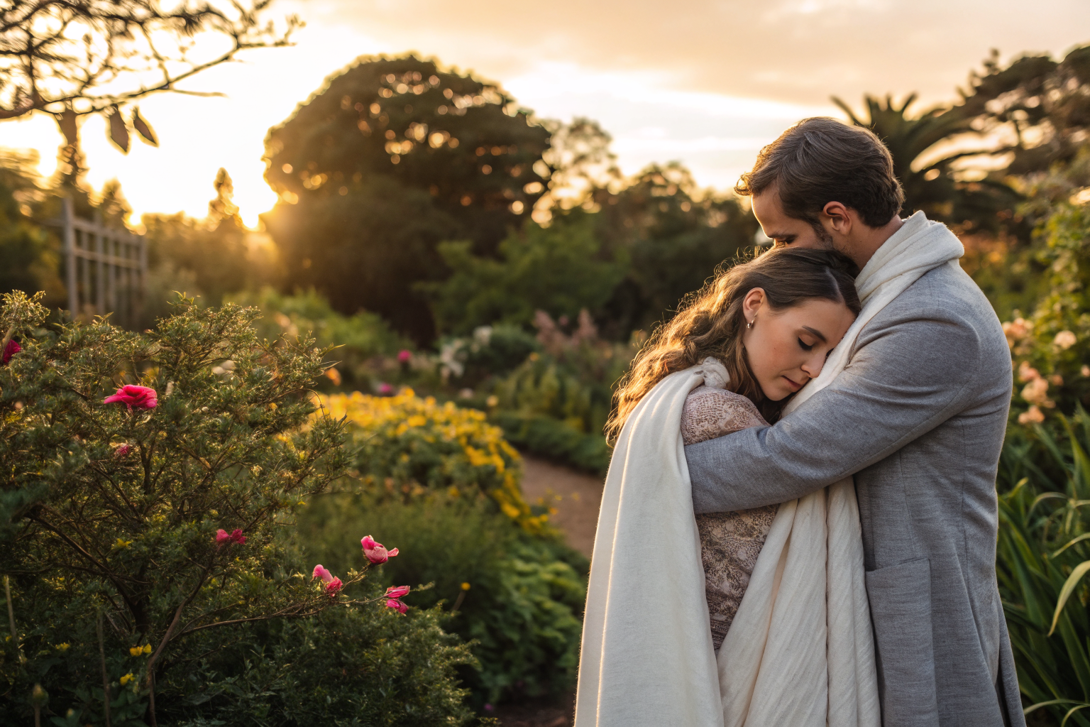 Stel omhelst elkaar in tuin bij zonsondergang, ogen dicht, veilig en vredig