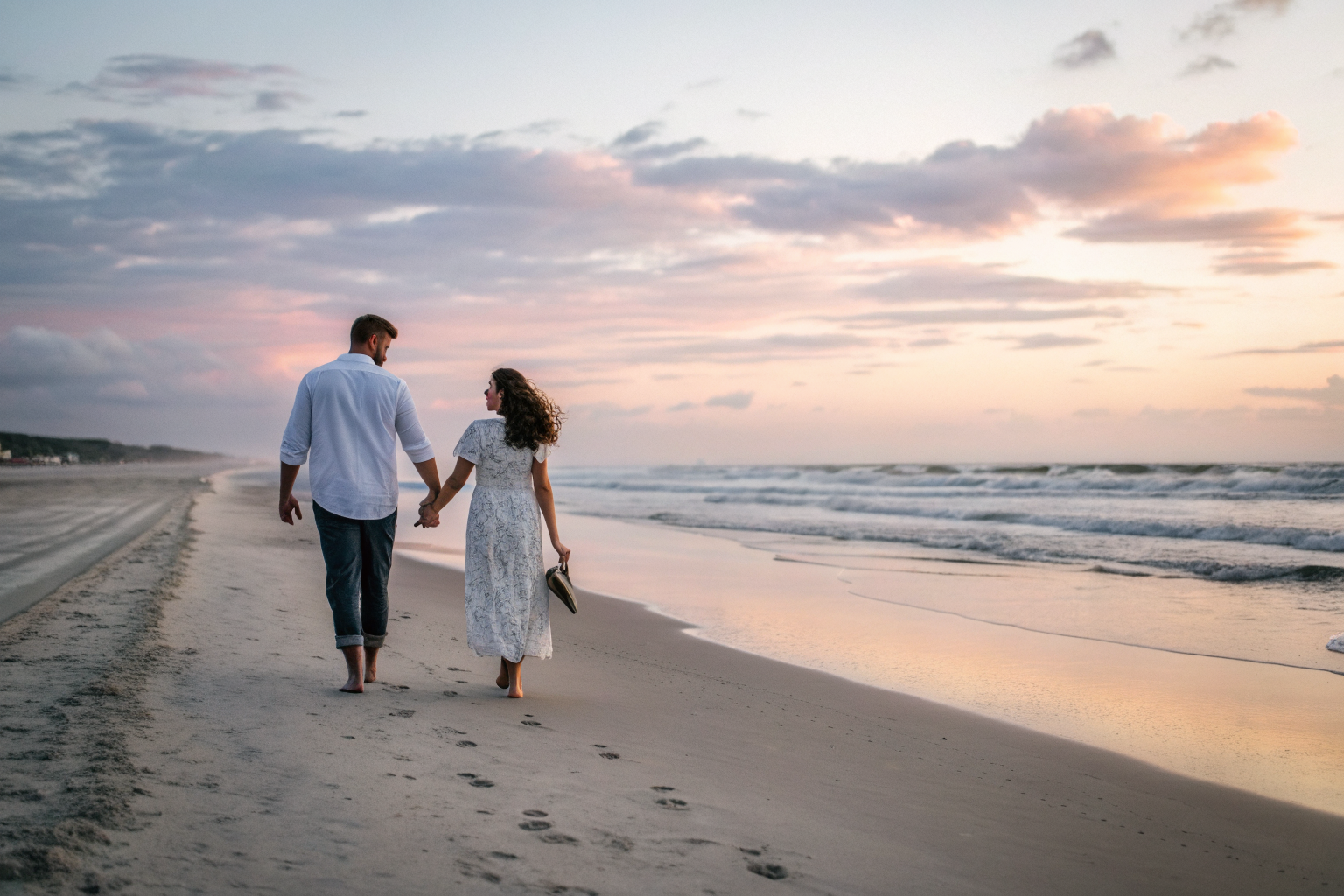 Stel loopt hand in hand over rustig strand bij zonsopgang, hoopvol en kalm