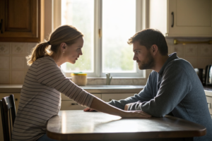 Stel aan keukentafel met emotionele spanning in hun relatie