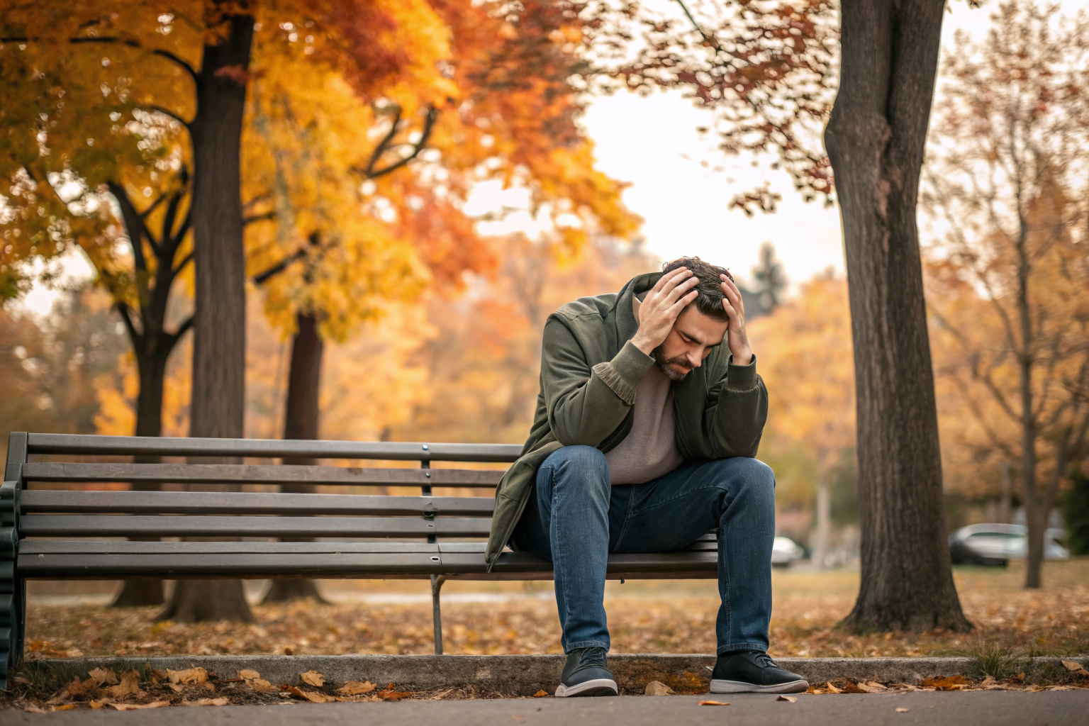 Man overweldigd door emotionele stress op een parkbank
