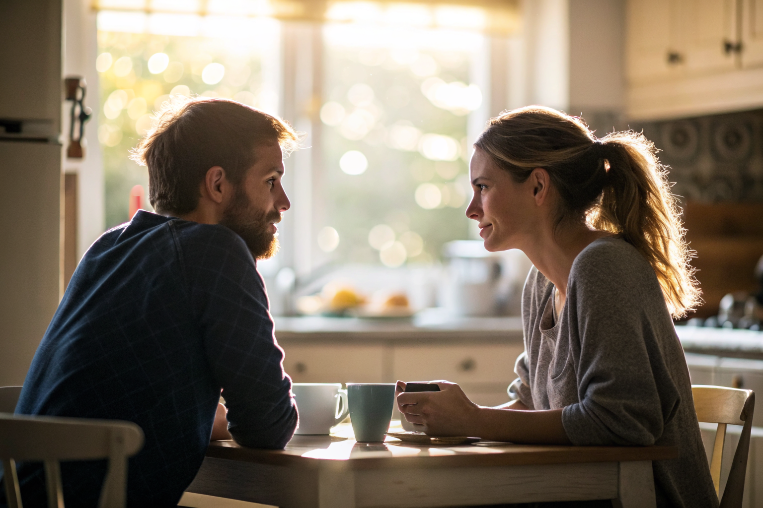 Partners in eerlijk gesprek aan keukentafel over duidelijkheid en grenzen