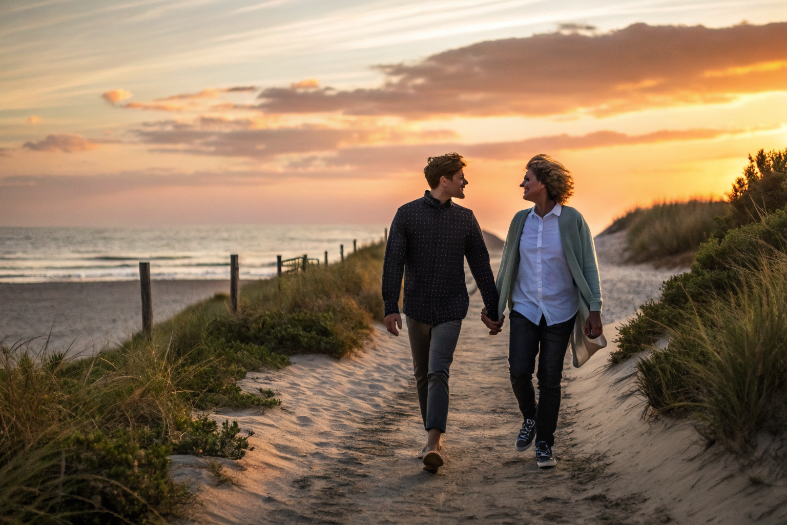 Wederzijdse inspanning in relatie: koppel loopt samen op strandpad