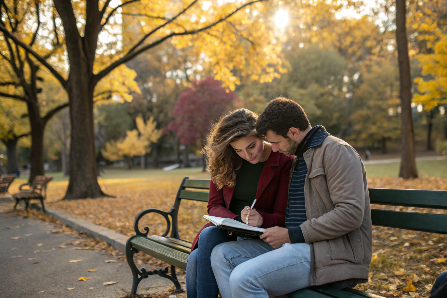 Moeilijke gesprekken in relatie: partner schrijft gevoelsbrief op parkbank