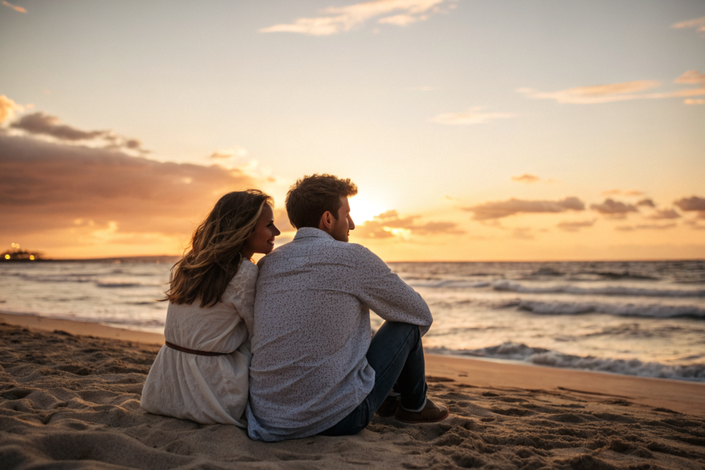 Stel zit samen op strand bij zonsondergang met hoop en afstand