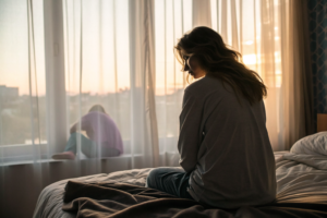 Vrouw zit op rand van bed bij ochtendlicht, limbo relatie verlaten of blijven