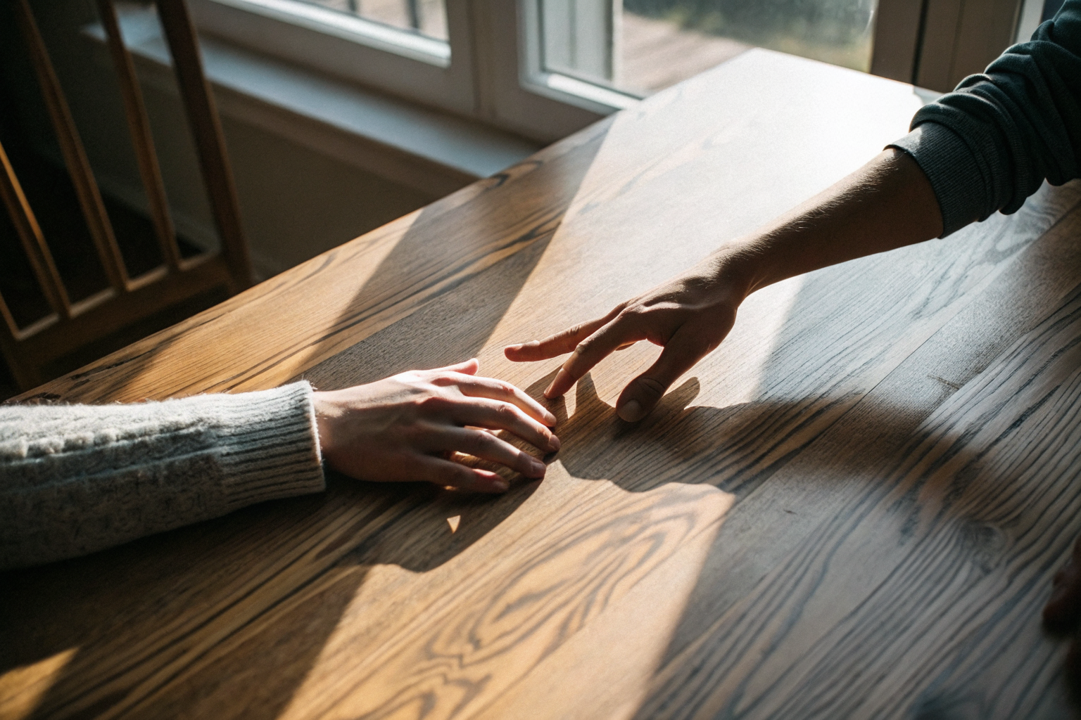 Twee handen bijna rakend op keukentafel, spanning tussen verlaten en blijven in relatie