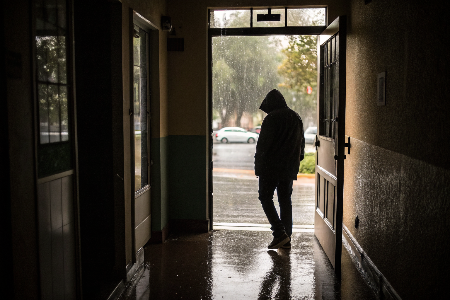 Silhouet in deuropening bij regen, limbo gevoel relatie verlaten of blijven