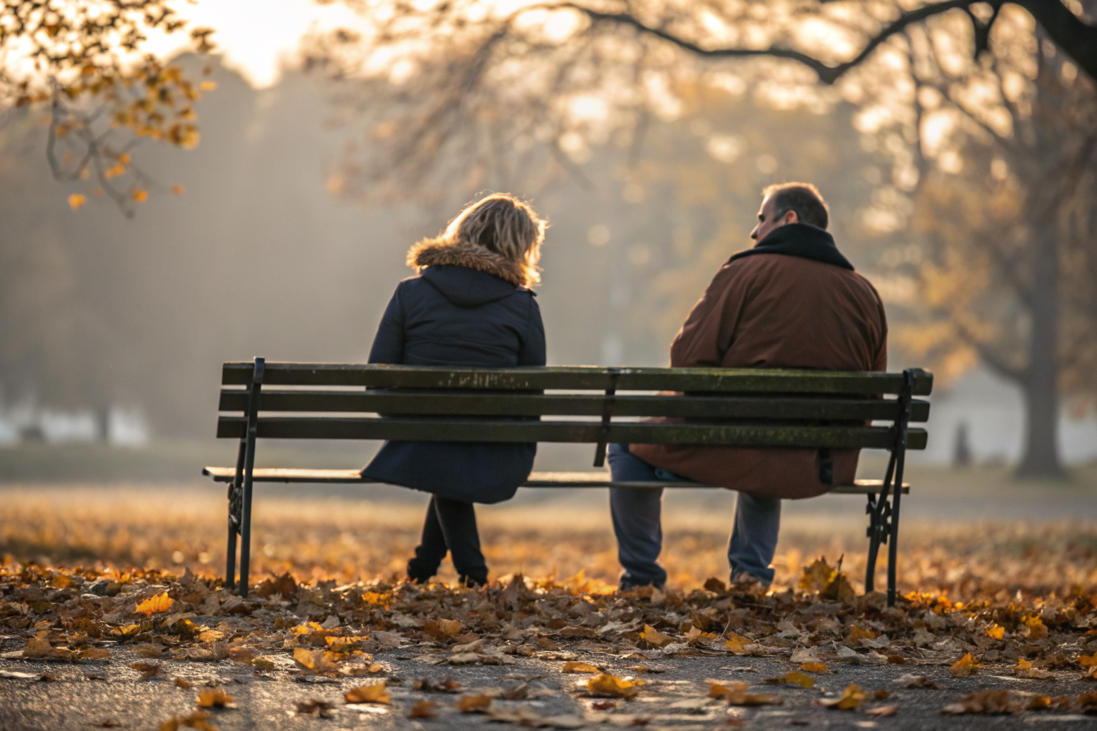 Koppel op bankje met afstand ertussen, relatielimbo en emotionele onveiligheid