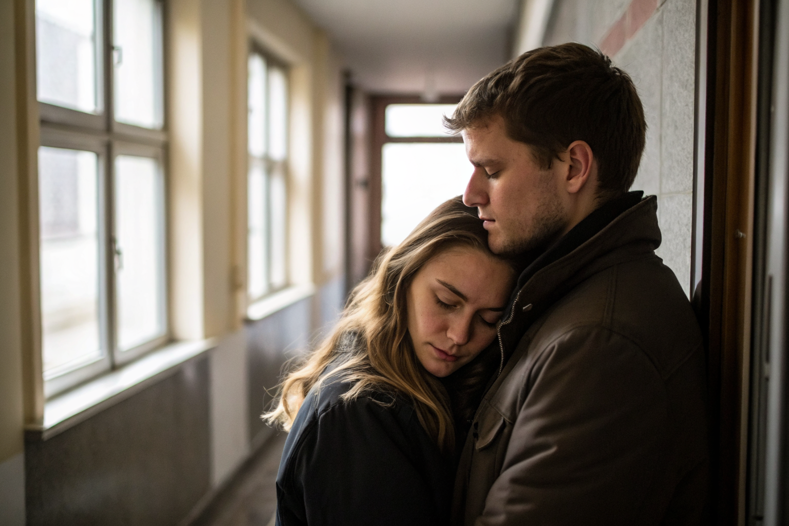 Koppel omhelst in gang bij zacht licht, vasthouden ondanks limbo relatie