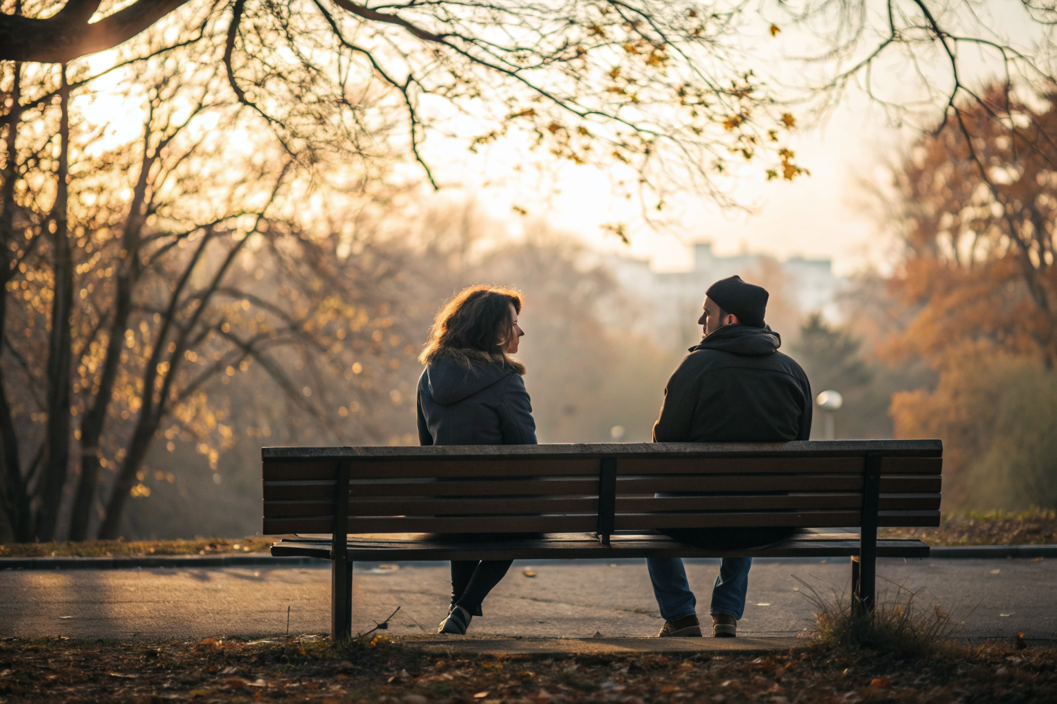 Stel op bankje met emotionele afstand: mannelijke en vrouwelijke energie uit balans in relatie