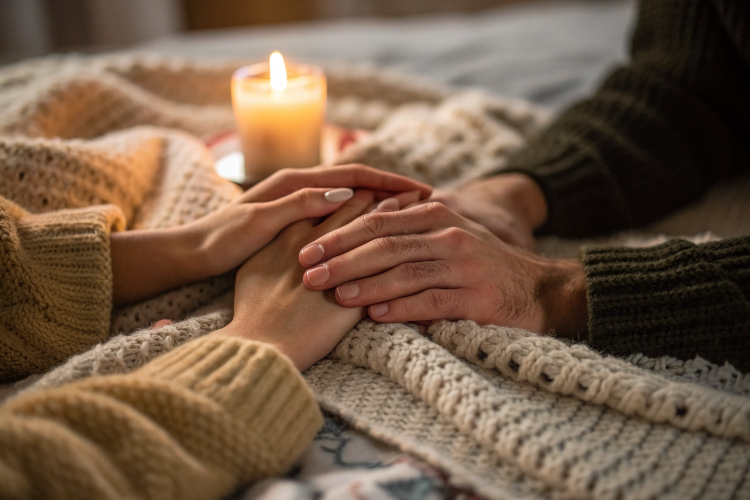 Handen ineengestrengeld op deken: mannelijke en vrouwelijke energie in balans