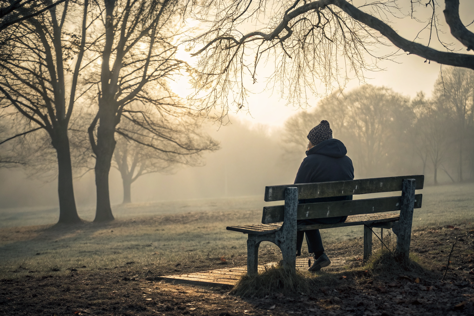 Eenzaam figuur op een bankje als symbool voor liefdesverdriet na een relatiebreuk